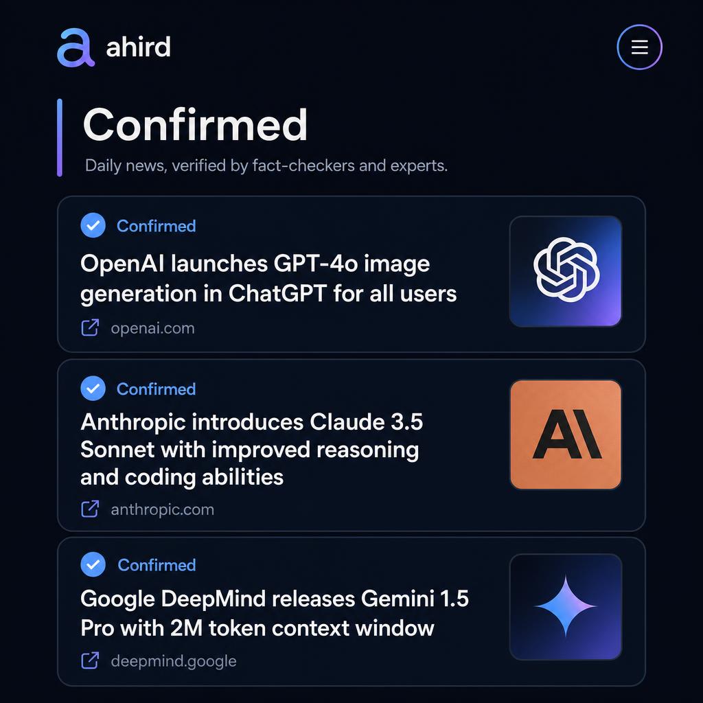 ahird confirmed AI news items with verified labels and source links